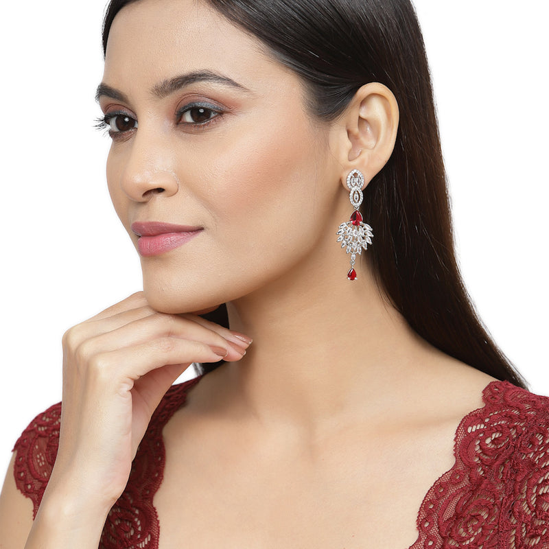 Rhodium-Plated Red American Diamond studded Handcrafted Spiked Drop Earrings
