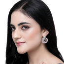 Rhodium-Plated Pink & White American Diamond studded Floral Drop Earrings