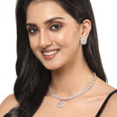 Oxidised Silver-Plated Flower & Leaf Pink American Diamond Studded Necklace Earrings Jewellery Set