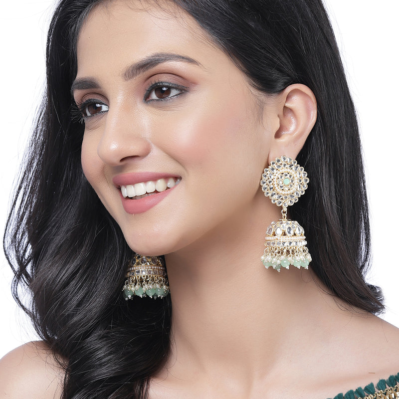 Gold-Plated Sea Green & White Kundan-Pearls studded Vilandi Jhumka Earrings