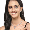Oxidised Silver-Plated Flower & Leaf Pink American Diamond Studded Necklace Earrings Jewellery Set