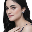 Rhodium-Plated Navy Blue American Diamond studded Floral Shaped Stud Earrings