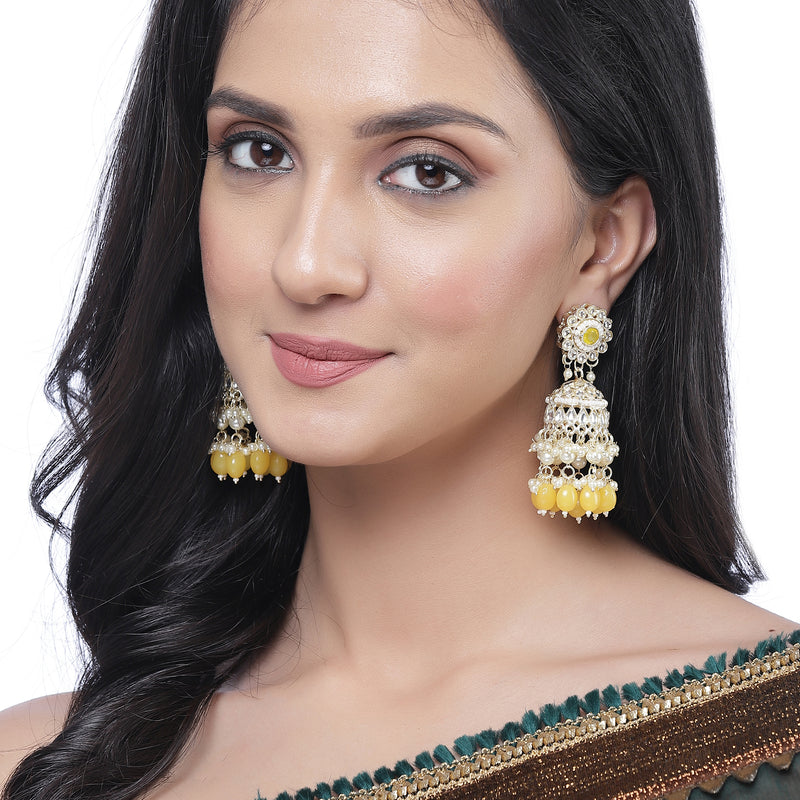 Gold-Plated Yellow Kundan & White Pearls studded Dome Shaped Vilandi Jhumka Earrings