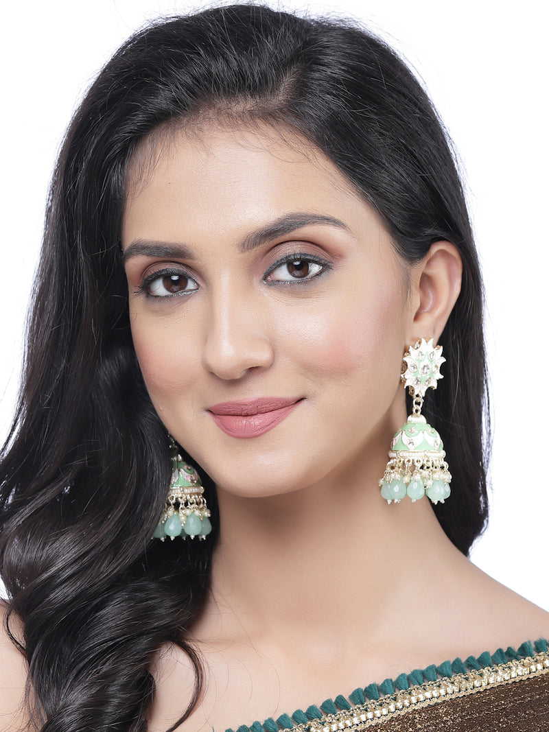 Gold-Plated Sea Green & White Kundan-Pearls studded Crescent Shaped Hand Painted Jhumka Earrings