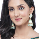 Gold-Plated Sea Green & White Kundan-Pearls studded Crescent Shaped Hand Painted Jhumka Earrings