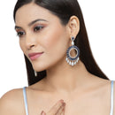 Rhodium-Plated Navy Blue American Diamond studded Circular Shape Dangle Earrings