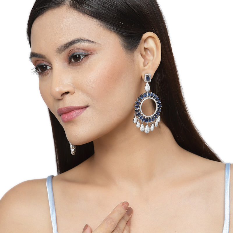 Rhodium-Plated Navy Blue American Diamond studded Circular Shape Dangle Earrings