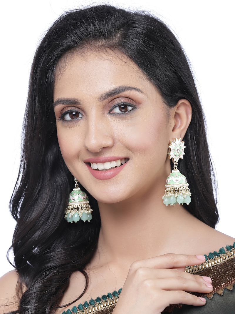 Gold-Plated Sea Green & White Kundan-Pearls studded Crescent Shaped Hand Painted Jhumka Earrings