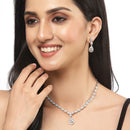 Rhodium-Plated Silver Toned Drop White American Diamond Studded Necklace with Earrings Jewellery Set