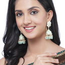 Gold-Plated Sea Green & White Kundan-Pearls studded Crescent Shaped Hand Painted Jhumka Earrings