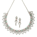 Rhodium-Plated Sea Green & Pink American Diamond Studded Floral & Leaf Shaped Necklace with Earrings Jewellery Set