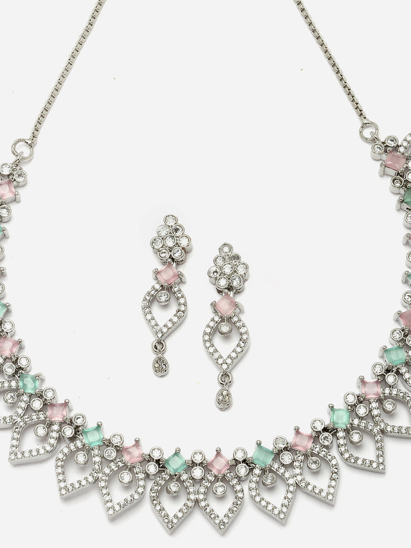 Rhodium-Plated Sea Green & Pink American Diamond Studded Floral & Leaf Shaped Necklace with Earrings Jewellery Set