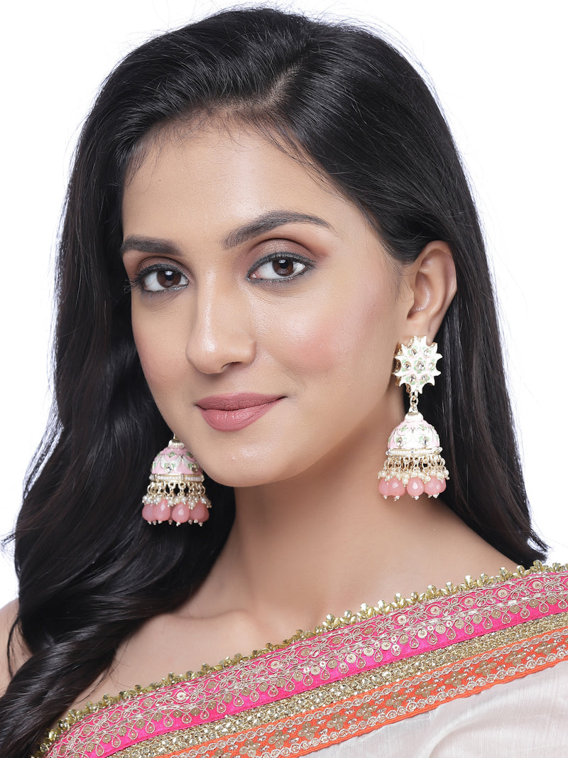Gold-Plated Pink & White Kundan-Pearls studded Crescent Shaped Hand Painted Jhumka Earrings