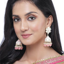 Gold-Plated Pink & White Kundan-Pearls studded Crescent Shaped Hand Painted Jhumka Earrings