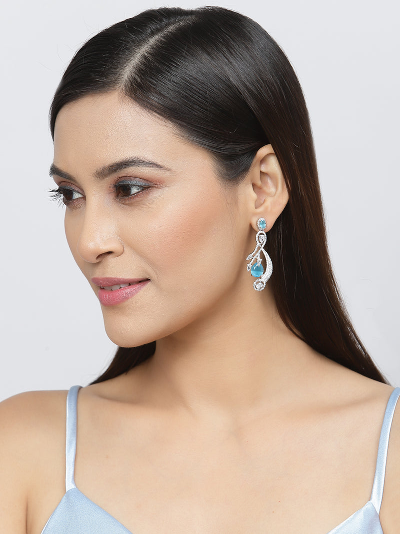 Rhodium-Plated Blue American Diamond studded Quirky Shaped Drop Earrings