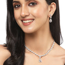 Rhodium-Plated Silver Toned Drop White American Diamond Studded Necklace with Earrings Jewellery Set