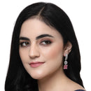 Rhodium Plated Square Pink American Diamond Contemporary Long Drop Earrings