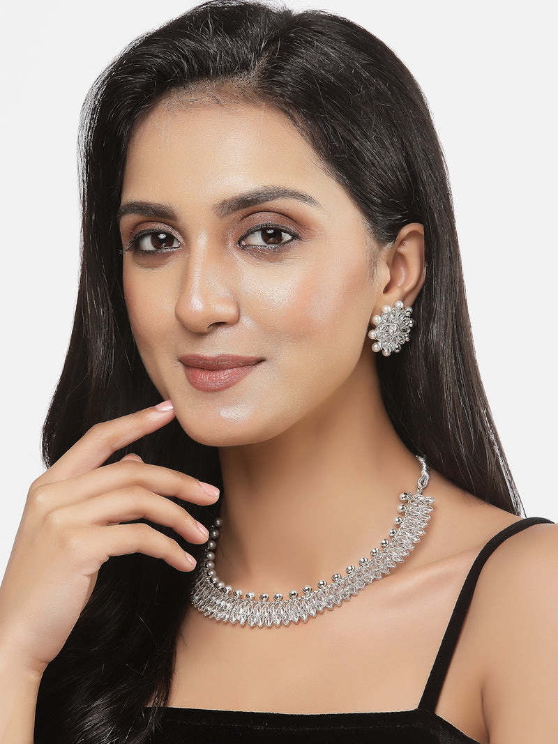 Oxidised Silver-Plated White American Diamond & White Pearl Studded Necklace Earrings Jewellery Set