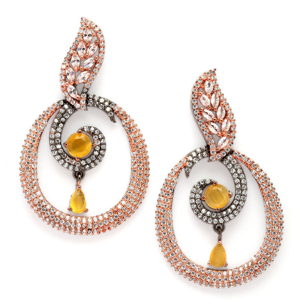 Rose Gold-Plated Gunmetal Toned Yellow American Diamond studded Oval Shaped Drop Earrings
