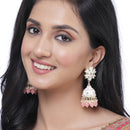 Gold-Plated Pink & White Kundan-Pearls studded Crescent Shaped Hand Painted Jhumka Earrings
