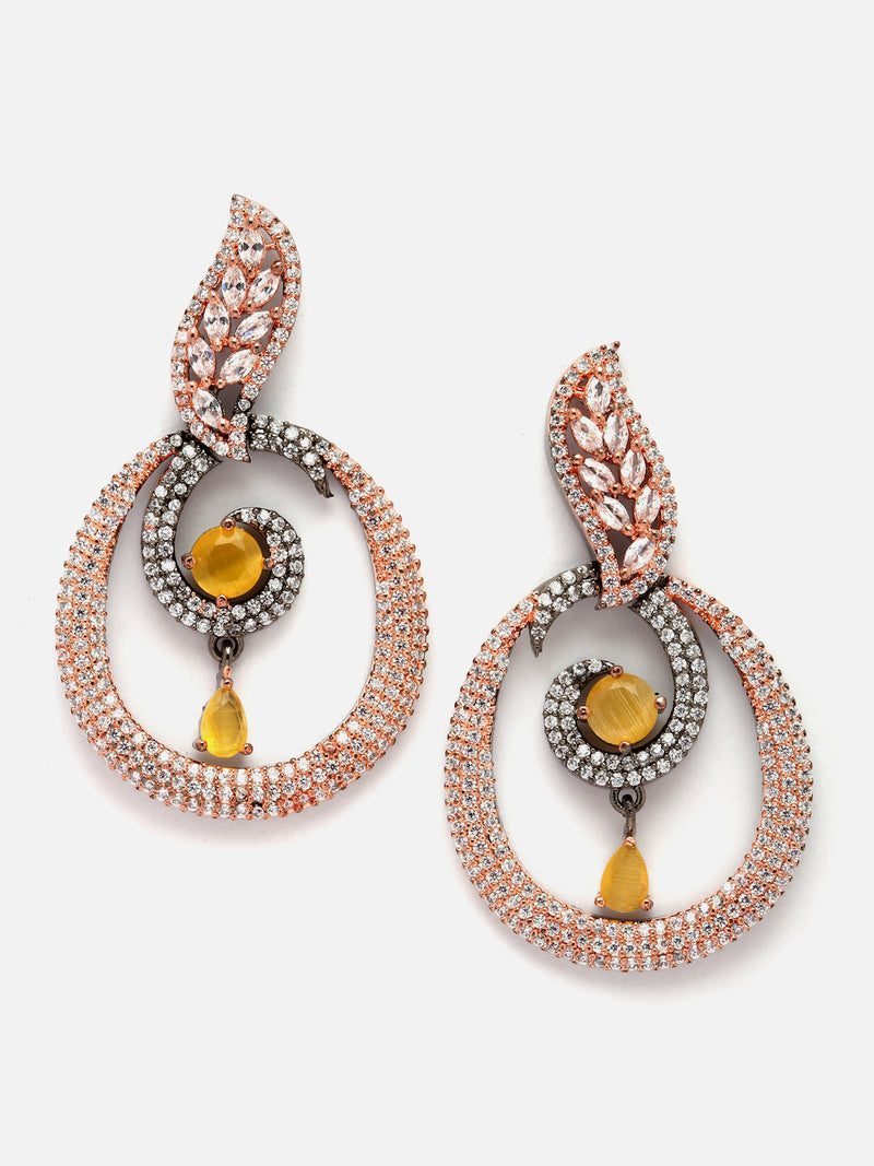 Rose Gold-Plated Gunmetal Toned Yellow American Diamond studded Oval Shaped Drop Earrings