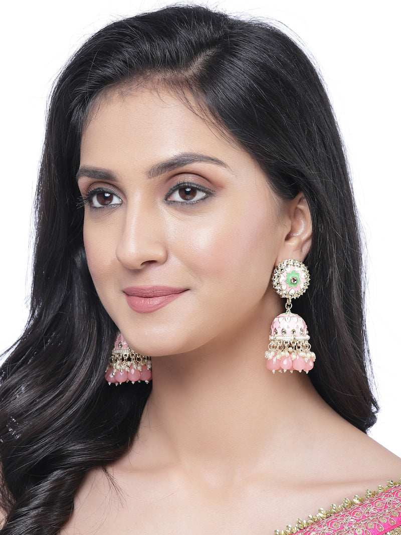 Gold-Plated Peach Kundan & White Pearls studded Flower Shaped Vilandi Jhumka Earrings