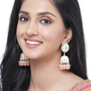Gold-Plated Peach Kundan & White Pearls studded Flower Shaped Vilandi Jhumka Earrings