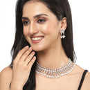 Oxidised Silver-Plated Pink American Diamond & White Pearl Studded Necklace Earrings Jewellery Set