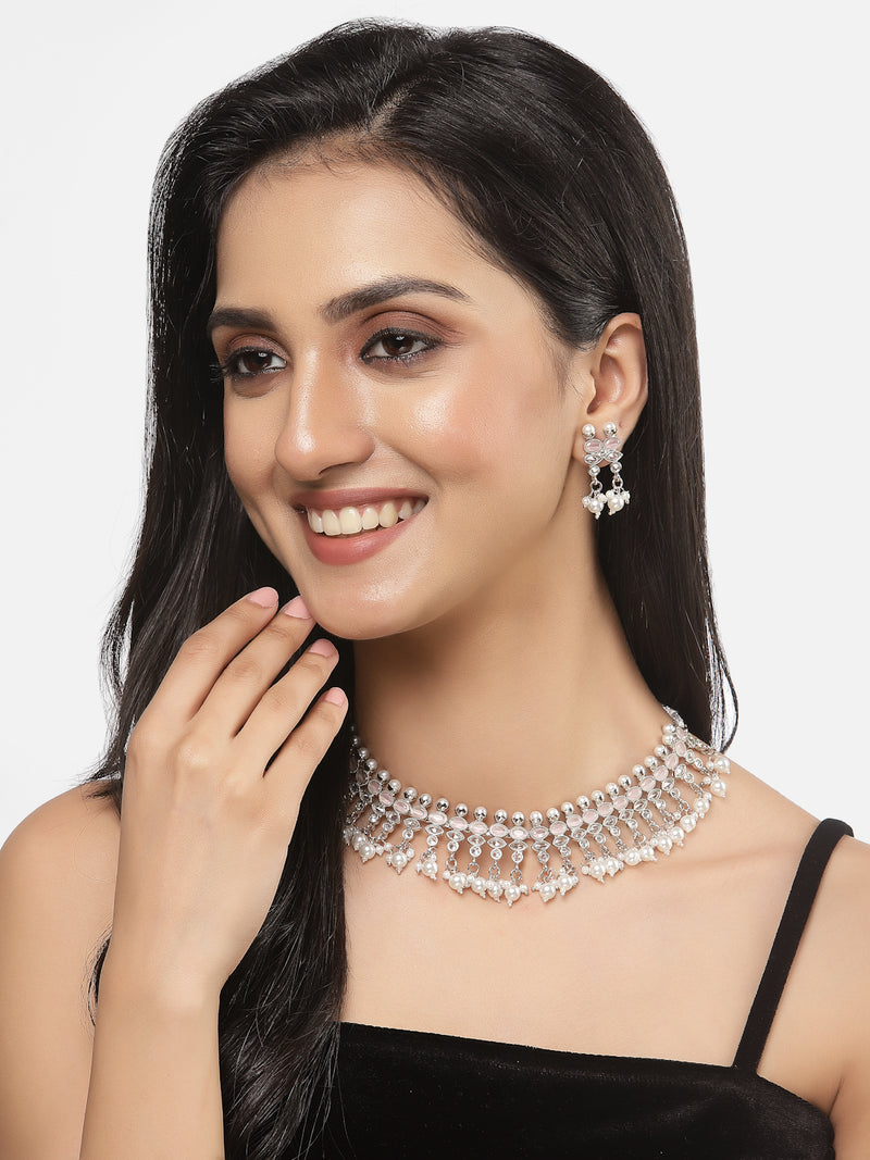 Oxidised Silver-Plated Pink American Diamond & White Pearl Studded Necklace Earrings Jewellery Set