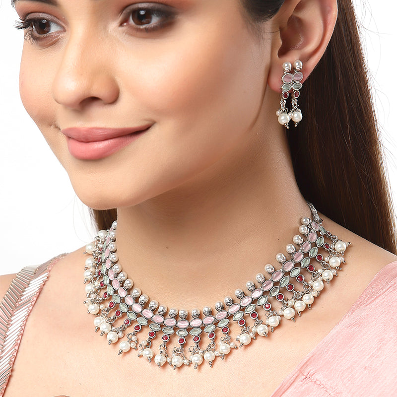 Silver-Toned & Pink Rhodium-Plated American Diamond Studded Pearl Jewellery Set