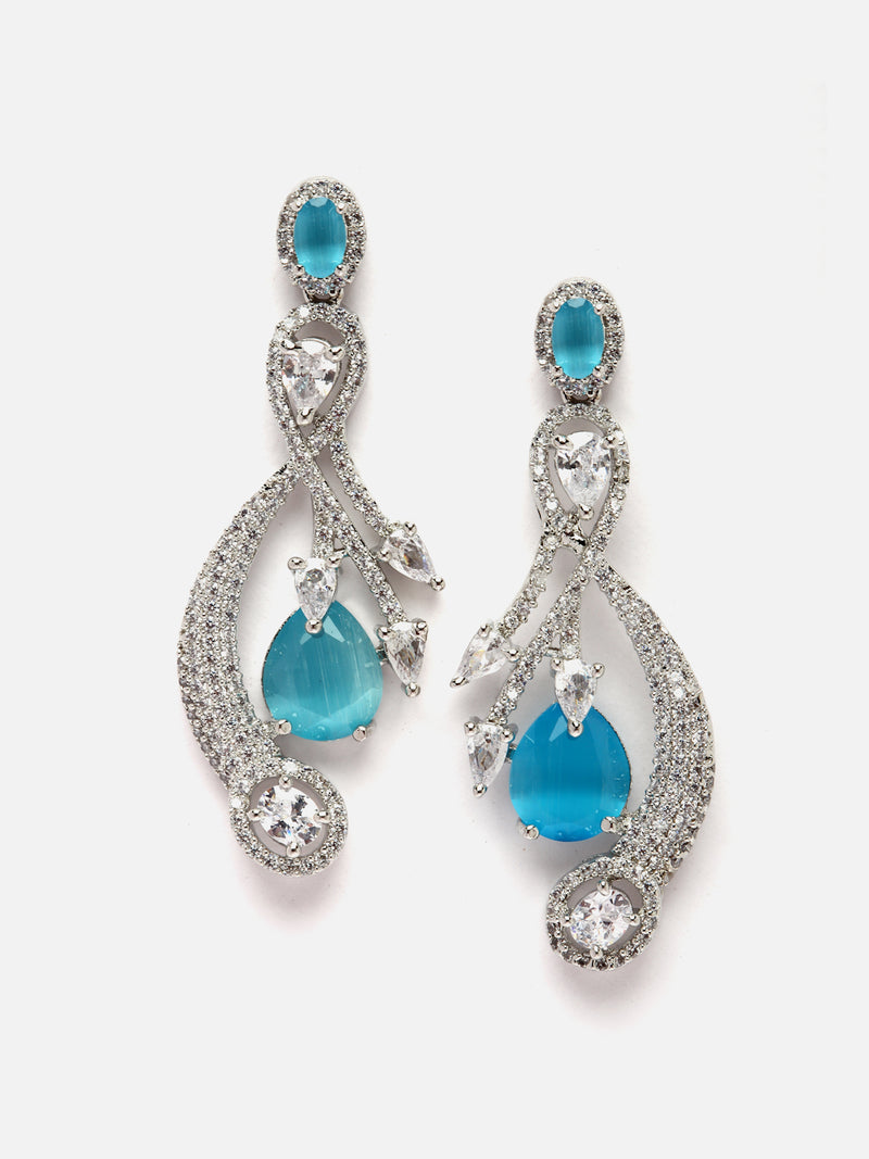 Rhodium-Plated Blue American Diamond studded Quirky Shaped Drop Earrings