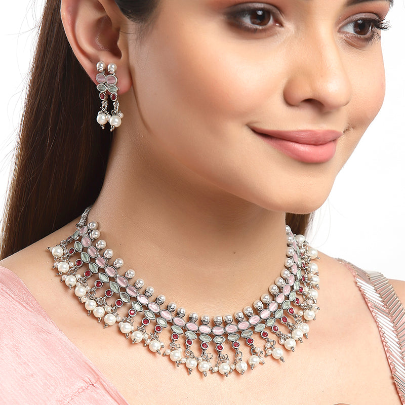 Silver-Toned & Pink Rhodium-Plated American Diamond Studded Pearl Jewellery Set