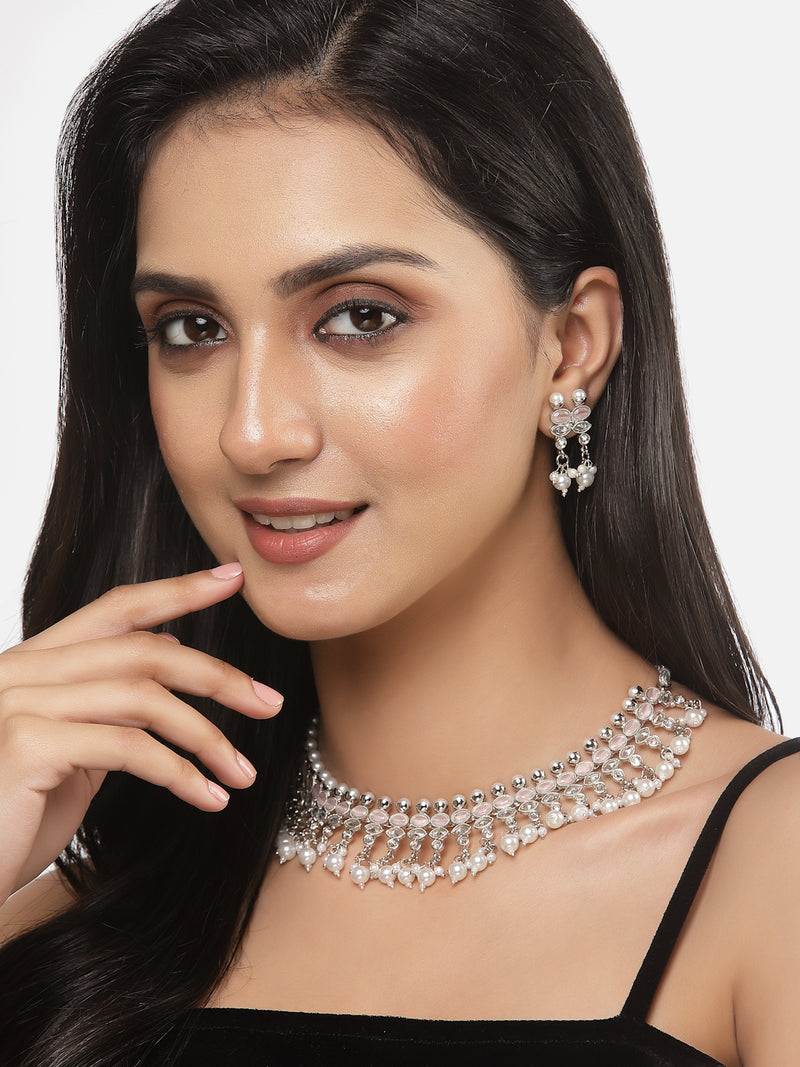 Oxidised Silver-Plated Pink American Diamond & White Pearl Studded Necklace Earrings Jewellery Set