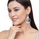 Rhodium-Plated Navy Blue & White American Diamond studded Quirky Shaped Drop Earrings