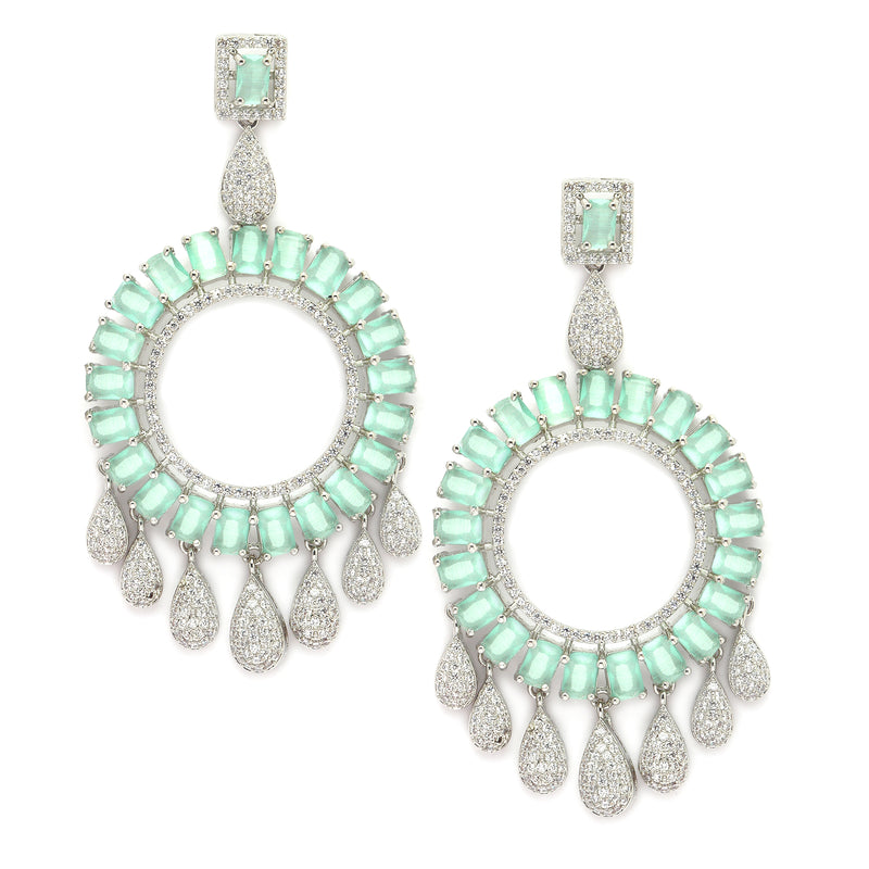 Rhodium-Plated Sea Green American Diamond studded Circular Shape Dangle Earrings