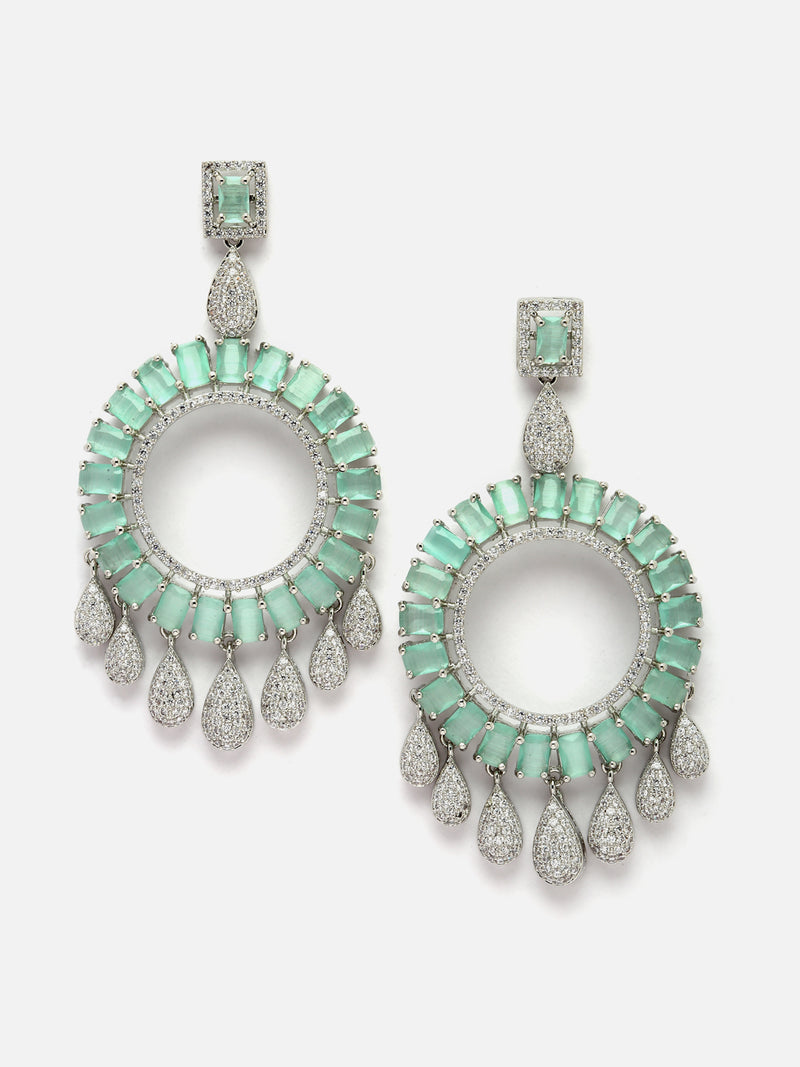 Rhodium-Plated Sea Green American Diamond studded Circular Shape Dangle Earrings