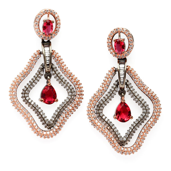 Rose Gold-Plated Gunmetal Toned Red American Diamond studded Layered Drop Earrings