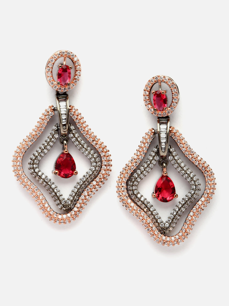 Rose Gold-Plated Gunmetal Toned Red American Diamond studded Layered Drop Earrings