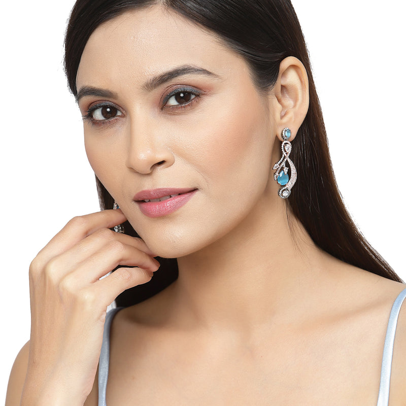 Rose Gold-Plated Gunmetal Toned Blue American Diamond studded Quirky Shaped Drop Earrings