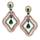 Rose Gold-Plated Gunmetal Toned Green American Diamond studded Layered Drop Earrings