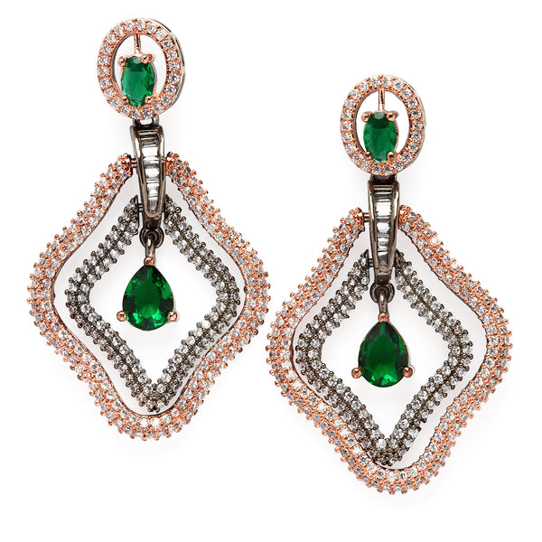 Rose Gold-Plated Gunmetal Toned Green American Diamond studded Layered Drop Earrings