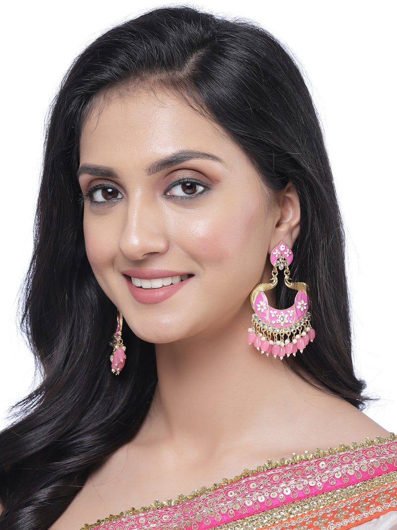 Gold-Plated Pink Kundan & White Pearls studded Peacock Shaped Handcrafted Drop Earrings