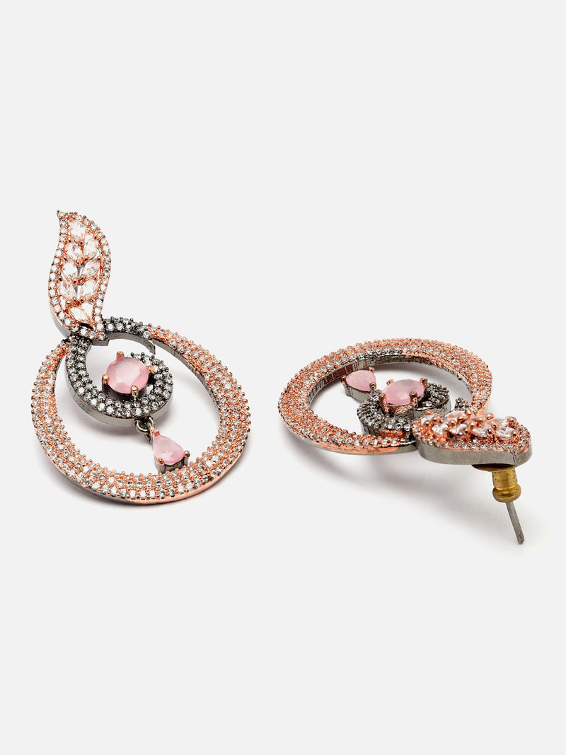 Rose Gold-Plated Gunmetal Toned Pink American Diamond studded Oval Shaped Drop Earrings