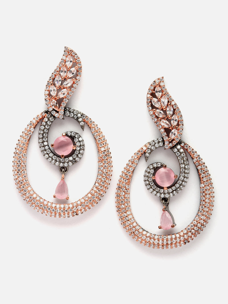 Rose Gold-Plated Gunmetal Toned Pink American Diamond studded Oval Shaped Drop Earrings