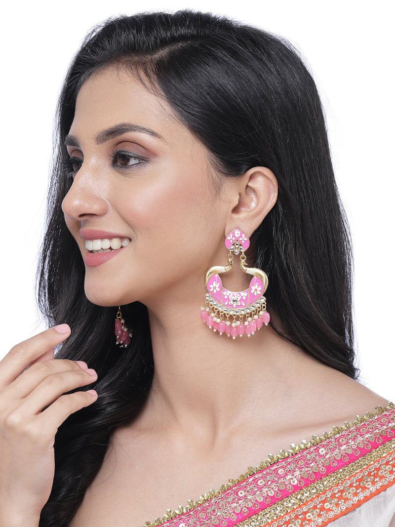 Gold-Plated Pink Kundan & White Pearls studded Peacock Shaped Handcrafted Drop Earrings