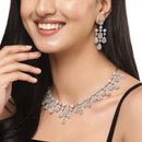 Rhodium-Plated Silver Tone Square Sea Green American Diamond Studded Necklace with Earrings Jewellery Set