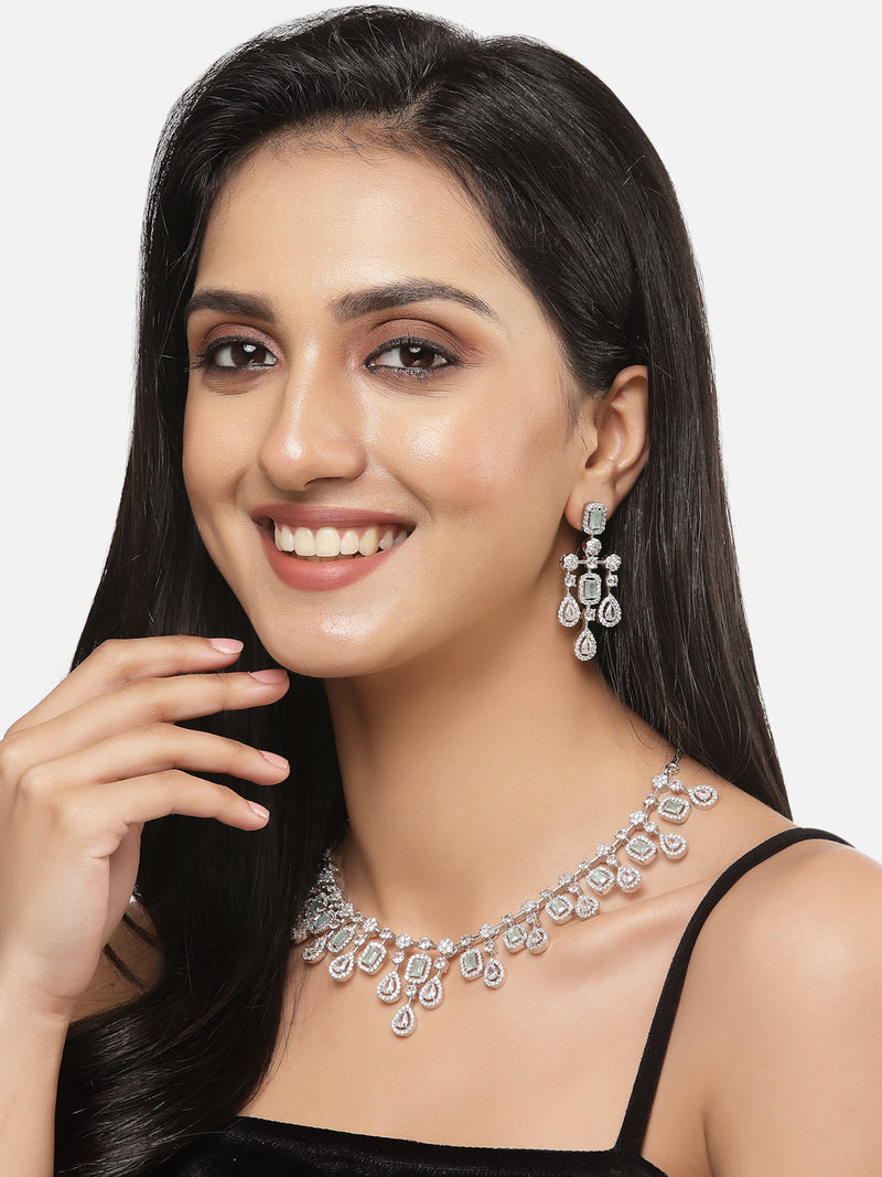 Rhodium-Plated Silver Tone Square Sea Green American Diamond Studded Necklace with Earrings Jewellery Set