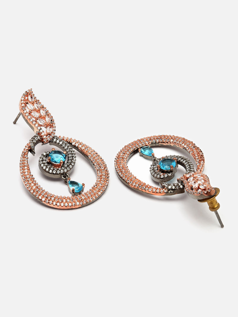 Rose Gold-Plated Gunmetal Toned Blue American Diamond studded Oval Shaped Drop Earrings