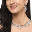 Rhodium-Plated Silver Tone Square Sea Green American Diamond Studded Necklace with Earrings Jewellery Set