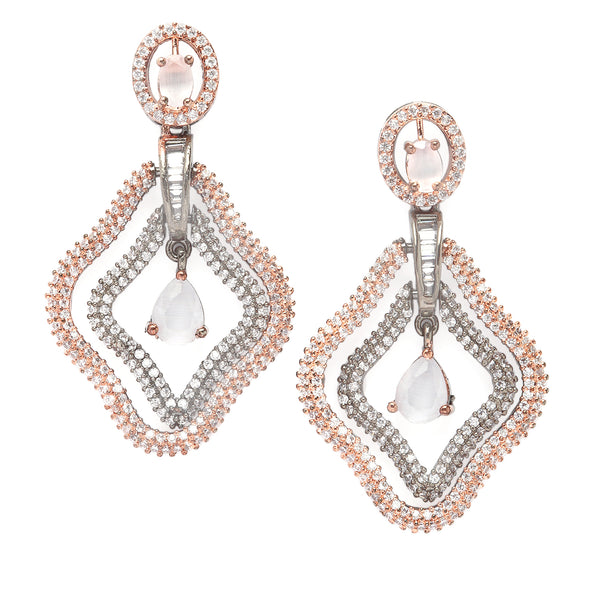 Rose Gold-Plated Gunmetal Toned Grey American Diamond studded Layered Drop Earrings